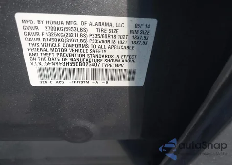 2014 Honda Pilot Ex-L z USA, uszkodzony, nr VIN 5FNYF3H55EB025407